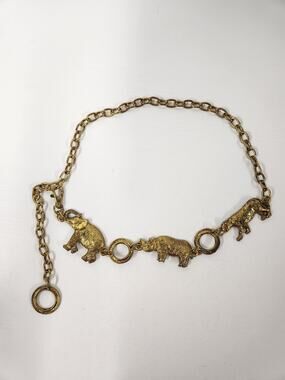 Vintage Gold Tone Safari Animals Chain Link Belt, Elephant, Rhino, Leopard/Tiger
